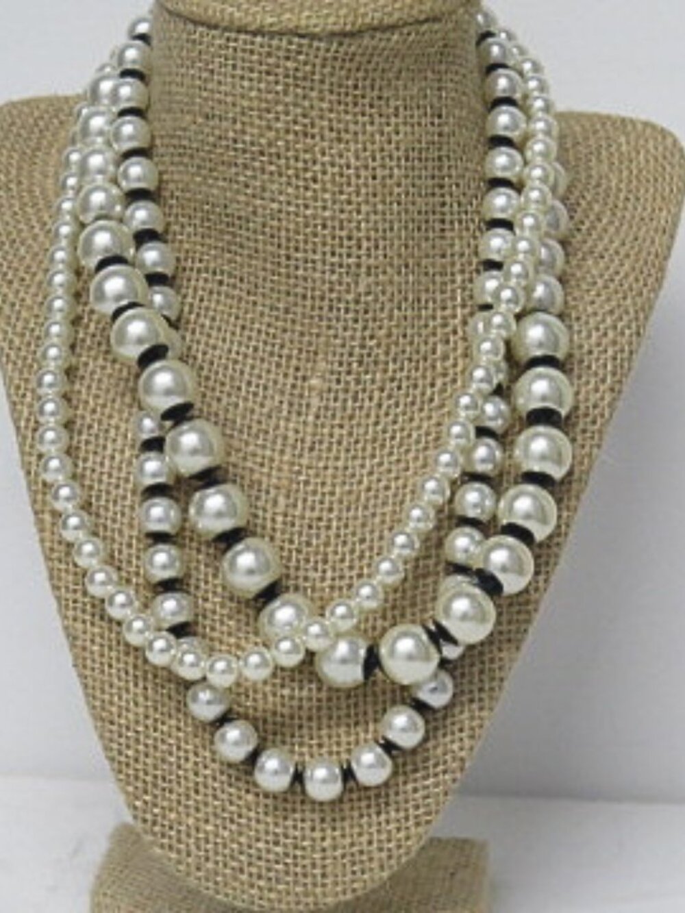 Multi Strand Faux Pearl Necklace Black Accent Beads Layered Statement Gold Tone
